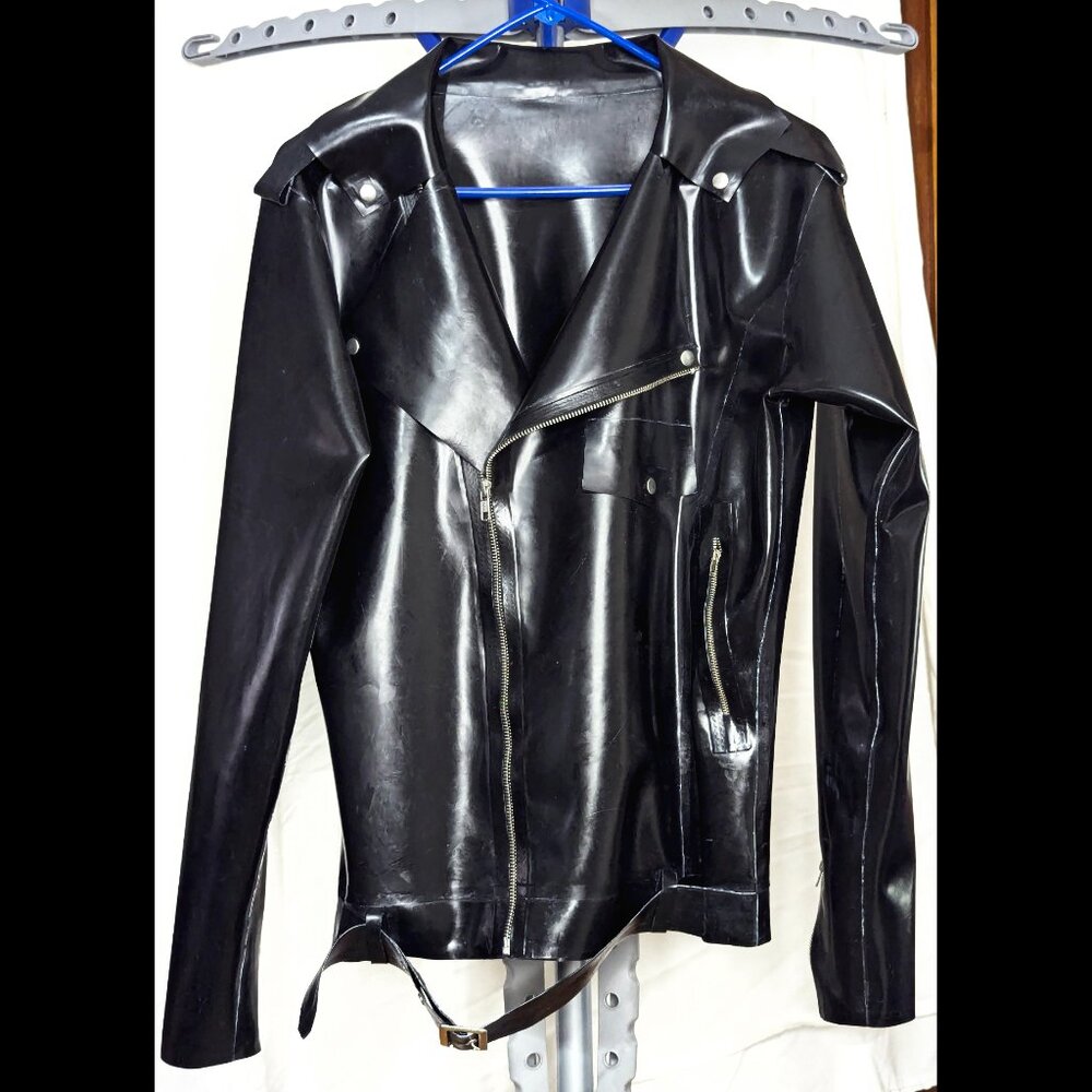 WOW Black LATEX L/S Moto Jacket with Belt, Chest 40, worn once - Picture 1 of 7